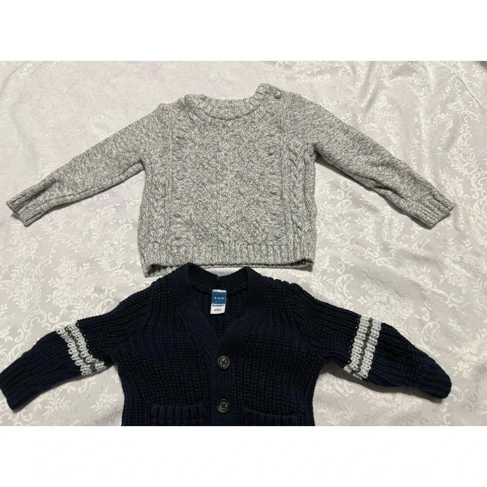 Lot of 2 Boys Knit‎ Sweaters 6-12 Month Baby + 2T Toddler Old Navy Gray Blue